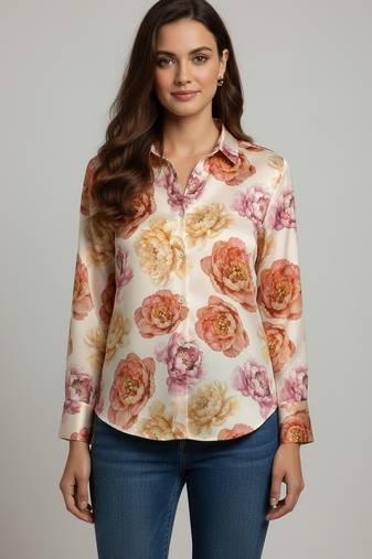 Cream color designer printed super satin fabric elegant printed shirt for girls