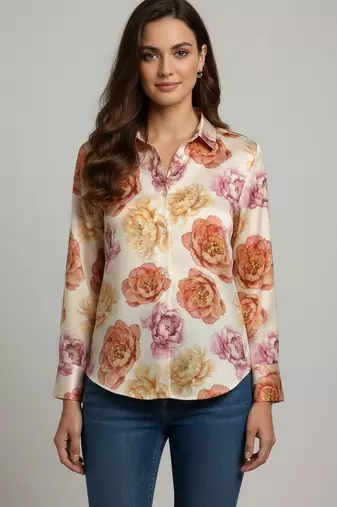 Cream color designer printed super satin fabric elegant printed shirt for girls