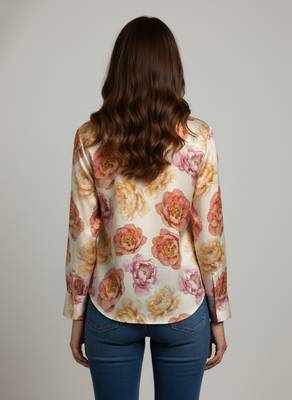 Cream color designer printed super satin fabric elegant printed shirt for girls 2