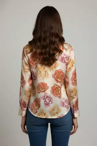 Cream color designer printed super satin fabric elegant printed shirt for girls