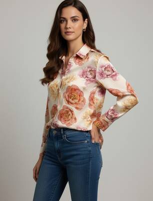 Cream color designer printed super satin fabric elegant printed shirt for girls 3