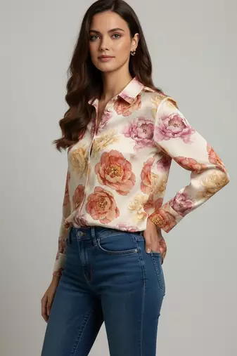 Cream color designer printed super satin fabric elegant printed shirt for girls