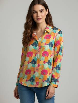 Mustard color designer printed super satin fabric elegant printed shirt for girls 1