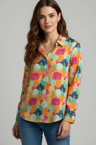 Mustard color designer printed super satin fabric elegant printed shirt for girls