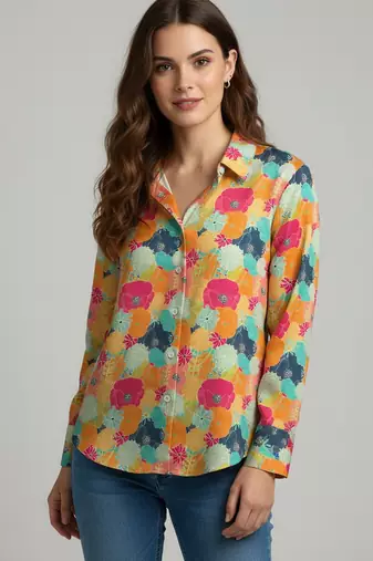 Mustard color designer printed super satin fabric elegant printed shirt for girls