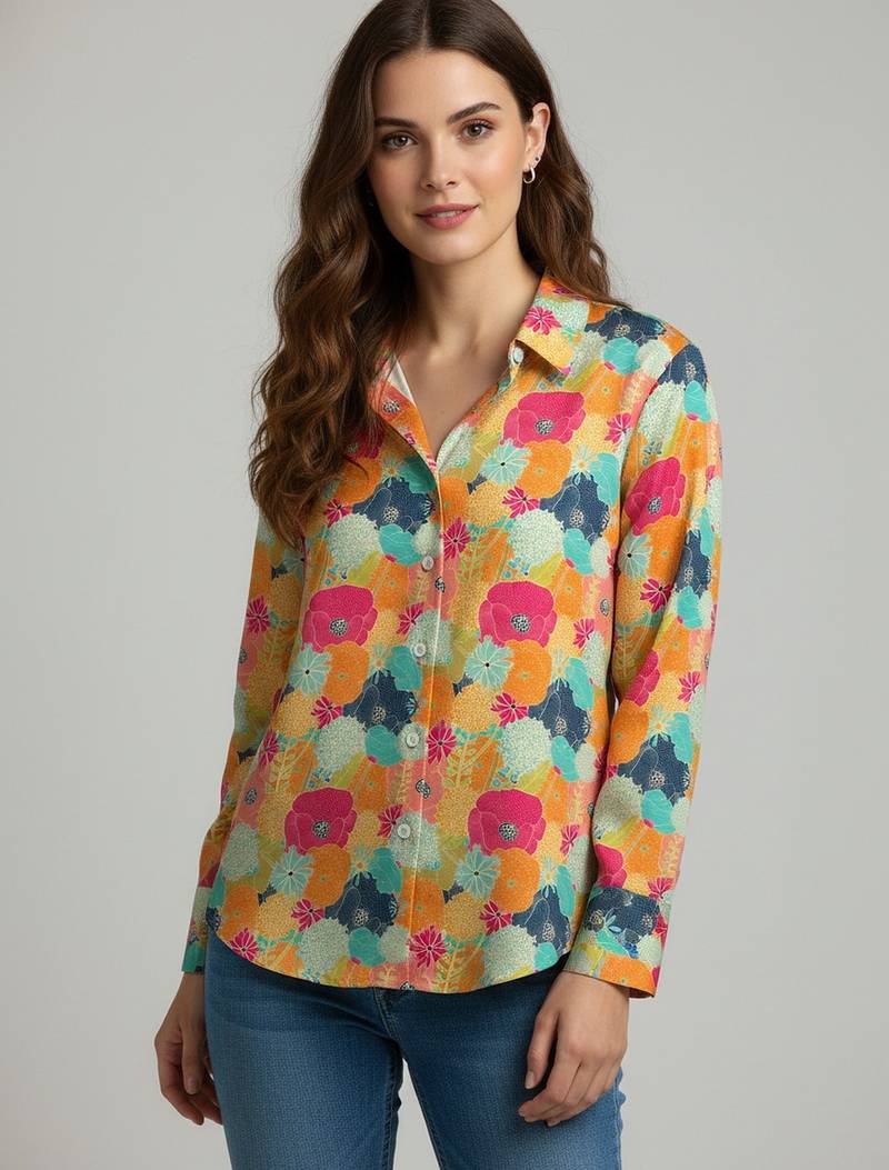 Mustard color designer printed super satin fabric elegant printed shirt for girls