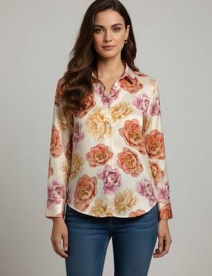 Cream color designer printed super satin fabric elegant printed shirt for girls 4