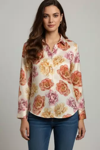 Cream color designer printed super satin fabric elegant printed shirt for girls