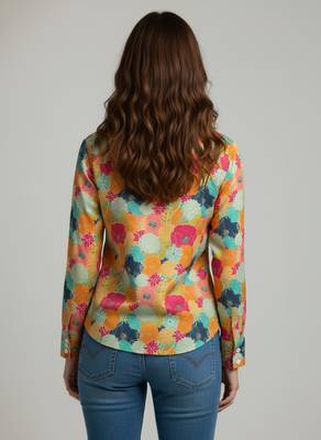 Mustard color designer printed super satin fabric elegant printed shirt for girls 2
