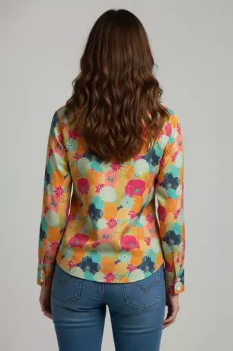 Mustard color designer printed super satin fabric elegant printed shirt for girls
