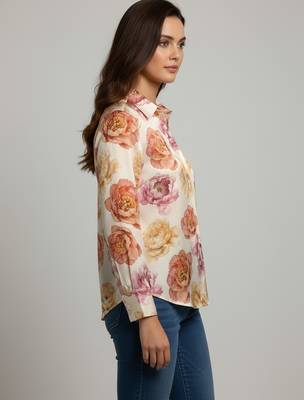 Cream color designer printed super satin fabric elegant printed shirt for girls 5