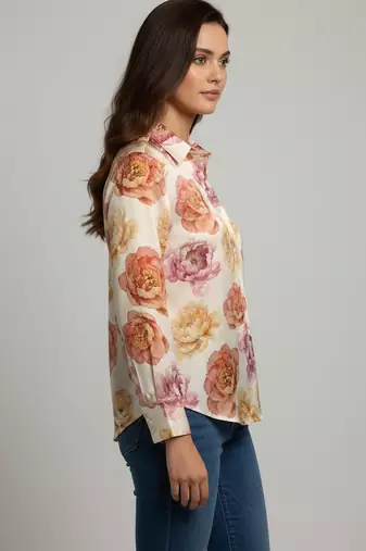 Cream color designer printed super satin fabric elegant printed shirt for girls