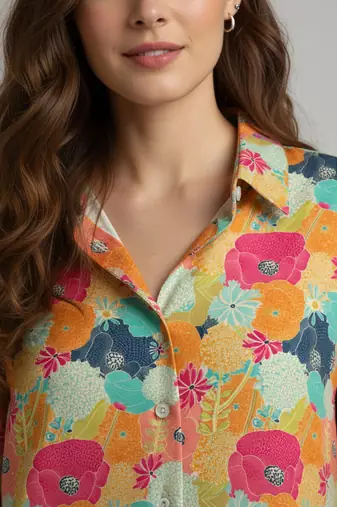 Mustard color designer printed super satin fabric elegant printed shirt for girls