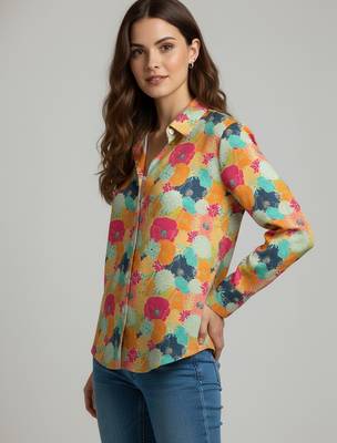 Mustard color designer printed super satin fabric elegant printed shirt for girls 4