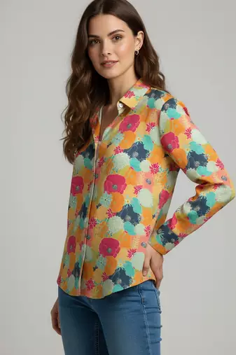 Mustard color designer printed super satin fabric elegant printed shirt for girls