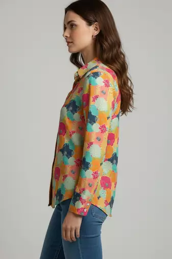 Mustard color designer printed super satin fabric elegant printed shirt for girls