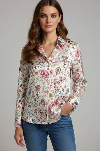 White color designer printed super satin fabric elegant printed shirt for girls