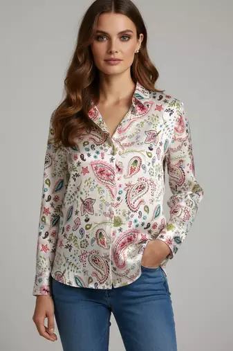 White color designer printed super satin fabric elegant printed shirt for girls