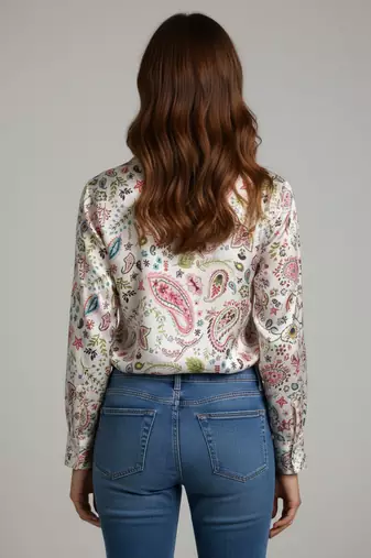 White color designer printed super satin fabric elegant printed shirt for girls
