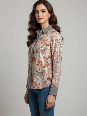 Grey color designer printed super satin fabric elegant printed shirt for girls 4