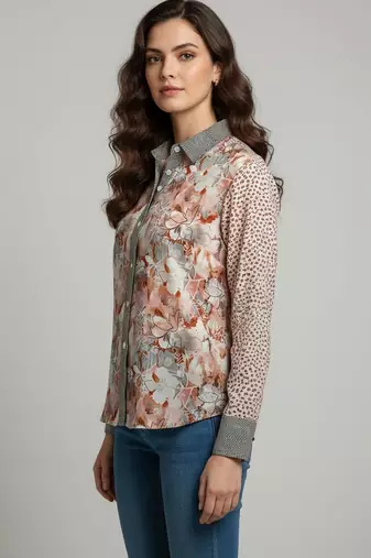 Grey color designer printed super satin fabric elegant printed shirt for girls