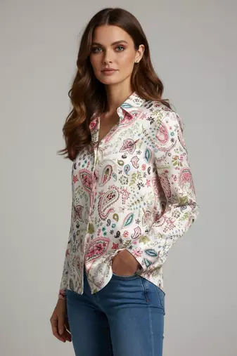 White color designer printed super satin fabric elegant printed shirt for girls