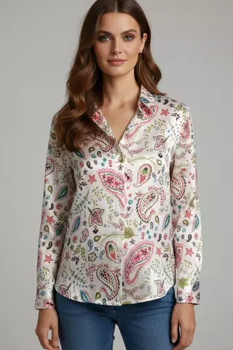 White color designer printed super satin fabric elegant printed shirt for girls