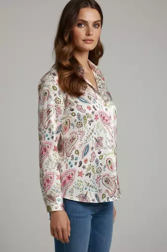 White color designer printed super satin fabric elegant printed shirt for girls