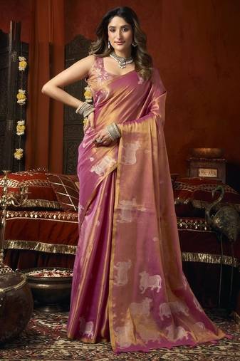 Peach heavy tissue with allover cow butta & fancy tassels saree