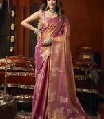Peach heavy tissue with allover cow butta & fancy tassels saree