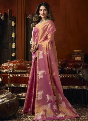 Peach heavy tissue with allover cow butta & fancy tassels saree 2