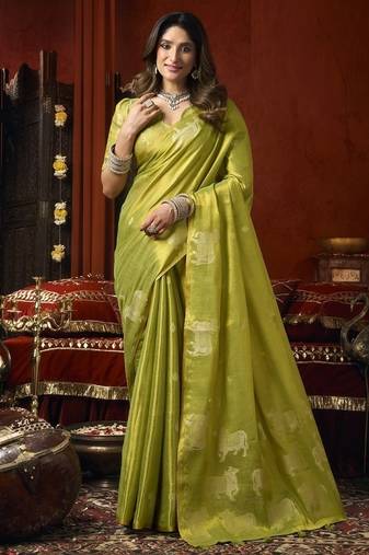 Olive heavy tissue with allover cow butta & fancy tassels saree