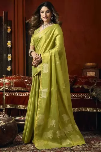 Olive heavy tissue with allover cow butta & fancy tassels saree