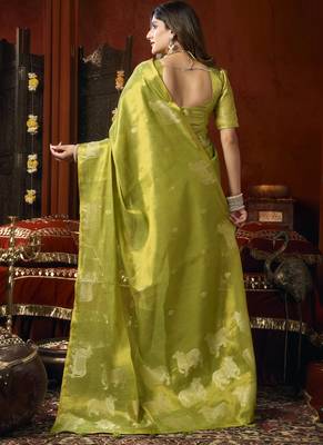 Olive heavy tissue with allover cow butta & fancy tassels saree 3