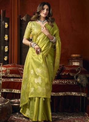 Olive heavy tissue with allover cow butta & fancy tassels saree 4