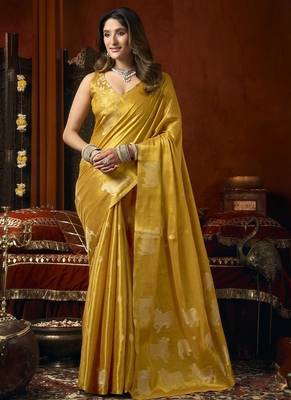 Golden heavy tissue with allover cow butta & fancy tassels saree 1