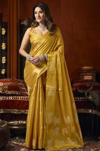 Golden heavy tissue with allover cow butta & fancy tassels saree