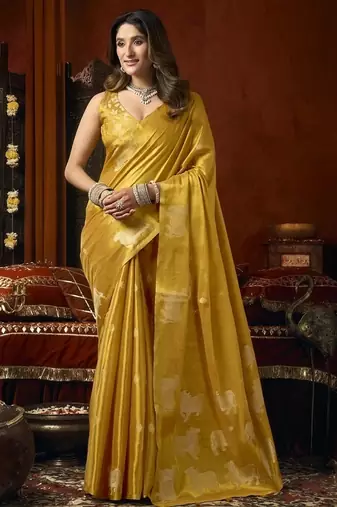 Golden heavy tissue with allover cow butta & fancy tassels saree