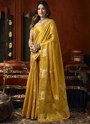 Golden heavy tissue with allover cow butta & fancy tassels saree 2