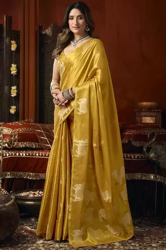 Golden heavy tissue with allover cow butta & fancy tassels saree