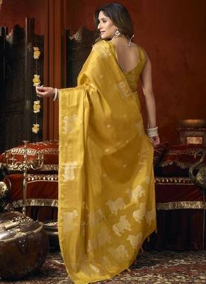 Golden heavy tissue with allover cow butta & fancy tassels saree 3