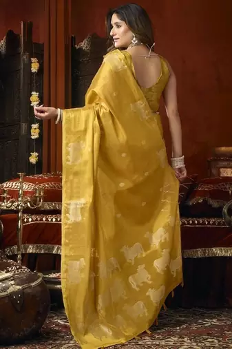 Golden heavy tissue with allover cow butta & fancy tassels saree