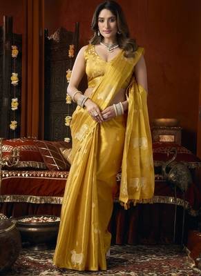Golden heavy tissue with allover cow butta & fancy tassels saree 4