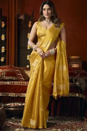 Golden heavy tissue with allover cow butta & fancy tassels saree