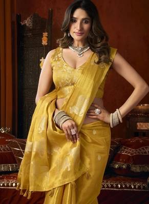 Golden heavy tissue with allover cow butta & fancy tassels saree 5