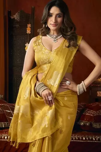 Golden heavy tissue with allover cow butta & fancy tassels saree