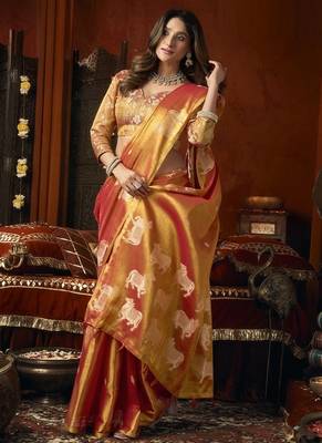 Orange green heavy tissue with allover cow butta & fancy tassels saree 3