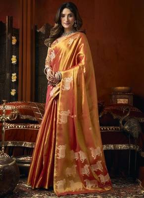 Orange green heavy tissue with allover cow butta & fancy tassels saree 4