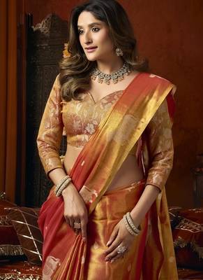 Orange green heavy tissue with allover cow butta & fancy tassels saree 5