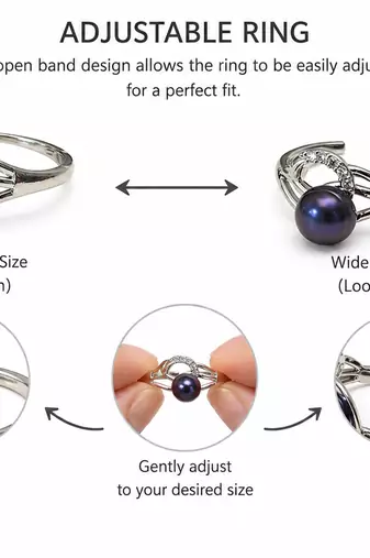 Black pearl finger ring with cz stones, silver-tone